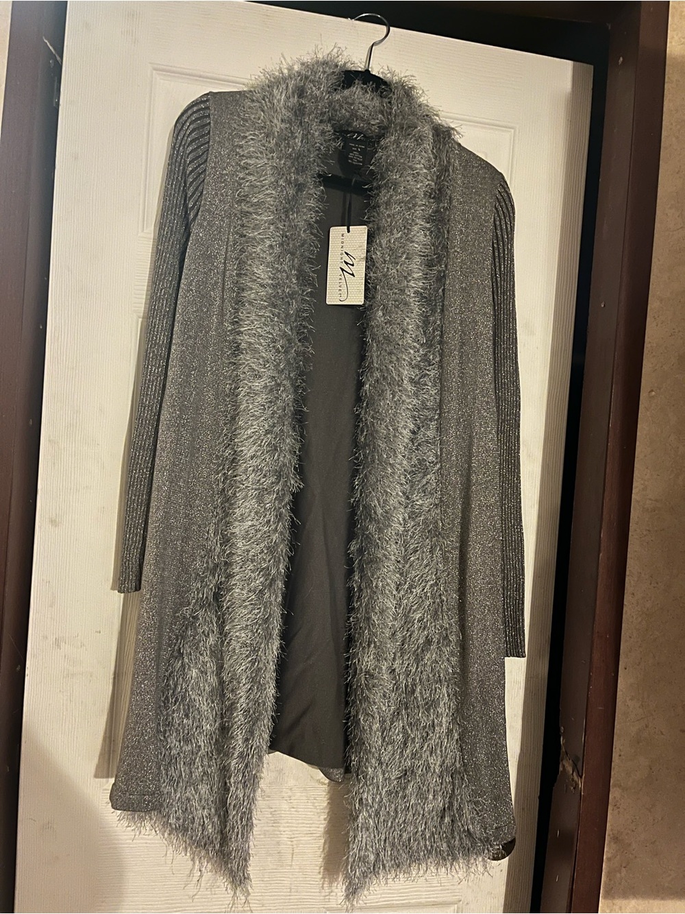 NWT Lauren Michelle Gray Metallic Shimmer Faux Fur Cardigan L
